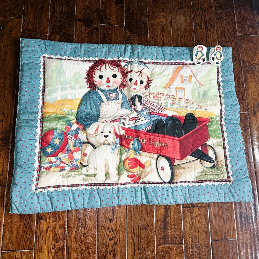Vintage Raggedy Ann & Andy Express Wagon Comforter Baby Crib Blanket 31" x 42"